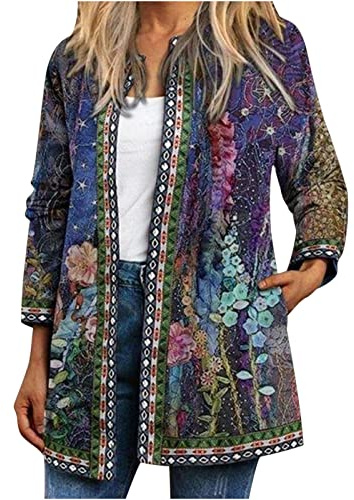 SYDUZAX Vestes Vintage Femme Style Ethnique Manteau Chic Imprimé Floral Grande Taille Bohème Casual Cardigan Long Doux Outwear Rétro Veste Femme Automne Hiver Vêtements Col Manteau Manches Longues