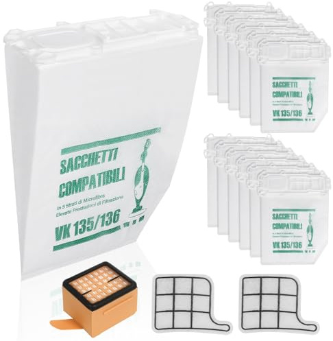 Lot de 12 sacs pour Folletto VK135 VK136 avec filtres grille moteur + 2 filtres HEPA Kit de rechange pour Vorwerk