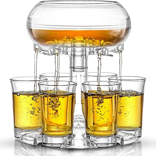 Drink Dispenser with 6 Shot Glasses Set - Dispenser for Cider Whiskey Cocktail, Fun Bar Accessories, Wine Dispensers for Parties and Festivals (Blue)
