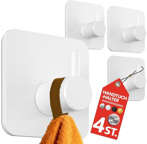 4smile Lot de 4 porte-serviettes sans perçage en blanc - Porte-serviettes de salle de bain imperméables en acier inoxydable - Crochets adhésifs pour salle de bain, cuisine - Crochets extra solides