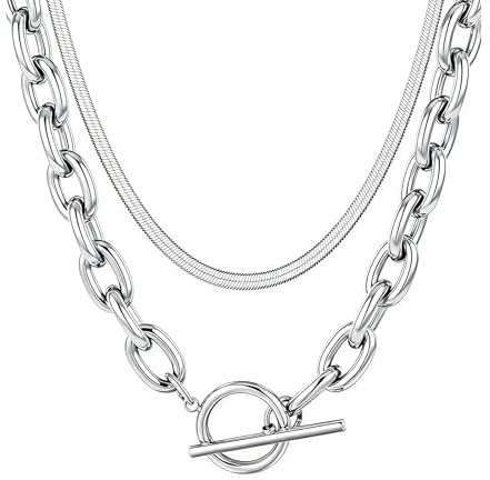 RIXERKOC 2 Pcs Collares Chunky en Capas para Mujer Gruesas Capas de Espiga Paperclip Collar de Cadena 18K Oro Collares Apilados con Cierre de Palanca para Mujeres Hombres (Plata)