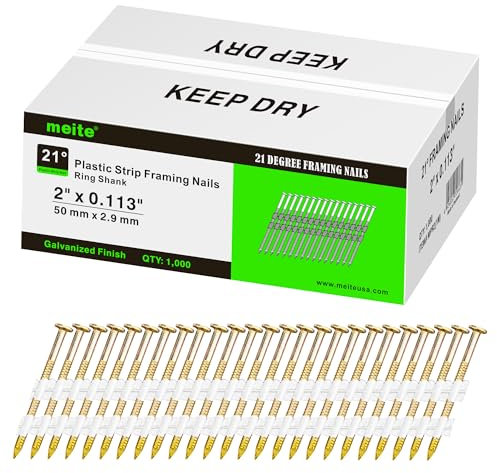 meite 21 Degree Framing Nails 2 Inch Ring Shank Galvanized Plastic Collated Nails, Full Round Head Structural Nails for 20-22 Degree Framing Nailer Gun on Truss Assembly Subflooring 1,000PCS