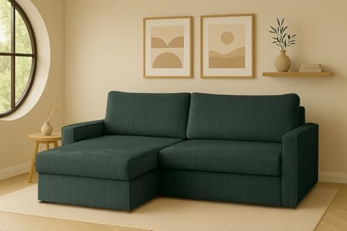 Kaiser Möbel - Ecksofa mit Schlaffunktion und Bettkasten, Wohnlandschaft L Form, Schlafsofa, Bequemes Couch mit Ottomane für Wohnzimmer, Cordstoff, Klappsofa, Lounge-Set L-Form, LUBEKA, Grün, Links