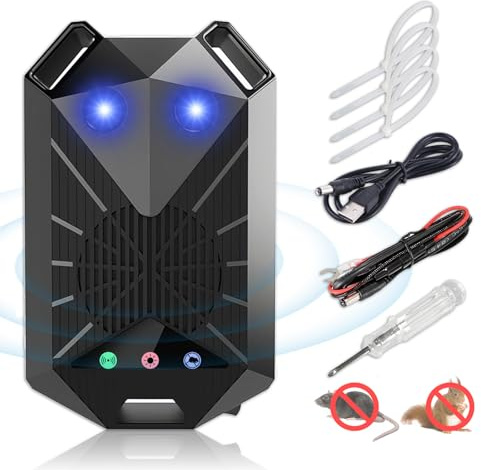 Wenosda Répulsif anti-martres pour voiture, jardin, avec clignotant et ultrasons, batterie de voiture, batterie AA et USB, pour voiture, compartiment moteur, jardin, grenier et maison