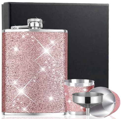 Edelstahl Flachmann und Trichter Klein mit 2 Stück Schnapsglas, Edelstahl Rosa Shot Becher, Tragbar Rosa Flachmann, Whiskeyflasche, Leder 8oz/240ml Hip Flask, für Reisen, Party, Camping, Schenken