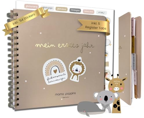 Álbum de bebé Mi primer año, libro de recuerdos para rellenar, diario de bebé con 5 separadores y 54 pegatinas