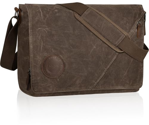 Eshow 14 Inch Messenger Bags for Men Women, Water-Resistant Canvas Shoulder Bag with Multi Pockets, Reliable Commuter Laptop Briefcase for Daily Travel, Brown