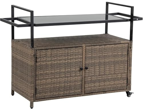EXKURPOO Bar Cart Outdoor Wicker Bar Cart With Wheels Rattan Beverage Bar Counter Table For Porch Backyard Garden Poolside Party(Brown)