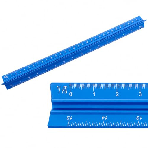 Dreieckiges Lineal aus Metall, 30 cm, bruchsicheres Lineal, flach, für Architekten 1/150 (blau)