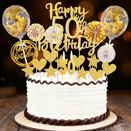 Cake Topper 50th, 20pcs Black Gold Happy 50th Birthday Cake Decoration with Star Heart Paper Fan Balloon Candle Happy Birthday Acrylic Banner for 50th Anniversary Birthday Party Decor