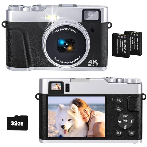 Digitalkamera 4K Optischer Zoom 48MP Kompaktkamera 32G Karte 2 Akkus Autofokus Reisekamera für Einsteiger