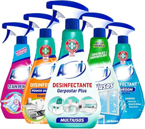 5 Pack Household Spanish Cleaning Products Bundle Giftset Kit with Bathroom Cleaner, Degreaser, Stain Remover, Disinfectant & Glass Cleaner – All-in-One Home Cleaning Essentials