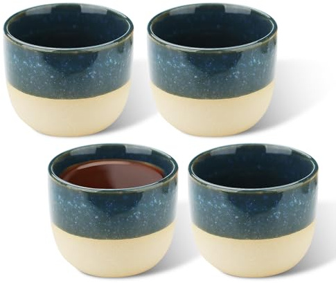 Fatiya Juego de 4 tazas de café expreso de porcelana de 120 ml, taza de café expreso sin asa, taza demitasse de gres semiesmaltada para café moca, latte, capuchino, té, bebidas de vino (azul)