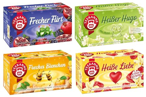Teekanne Früchtetee Set – 4 Sorten Tee Box Teebeutel | mit Frecher Flirt, Heiße Liebe, Heißer Hugo & Freches Bienchen, Teemischung, Für Entspannung & Genuss Momente