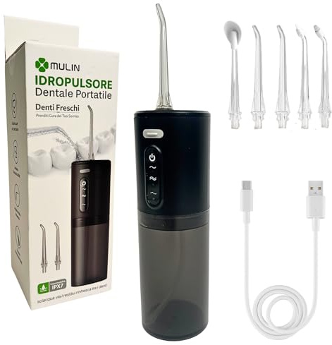 Irrigatore Orale Professionale Senza Fili per Casa e Viaggio – Idropulsore Dentale Portatile ad Acqua Ricaricabile Impermeabile IPX7 con 5 Ugelli Intercambiabili - Nero