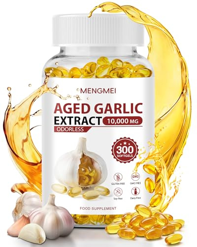 Aged Garlic Extract Odorless, Garlic Capsules 20:1 Concentrate, Daily Immune & Heart Health Support, 2 Year Aged Garlic Supplements for Men & Women, 300 Count