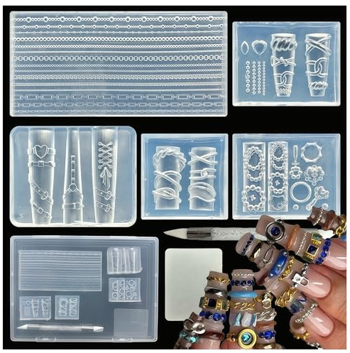 Bafutayawa 3D Gel Nail Art moldes de silicona, set de 5 piezas para diseño de uñas, set de uñas cadenas y perlas accesorios DIY, alternativa flexible a plantillas de estampado, incluye lápiz