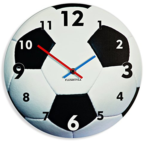 FLEXISTYLE Reloj de Pared único para niños, diseño de fútbol, silencioso, sin tictac, Ovalado, 30 cm, acrílico, para habitación Infantil, guardería, Escuela