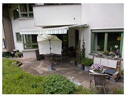 holly's Kleiner Balkon - FÄCHER Natur zur MARKISEN-ERGÄNZUNG mit kostenlosen Test Volant + Schirmstab + Ständer für Schirmstäbe bis 30 mm Ø - Made in Baden Württemberg -