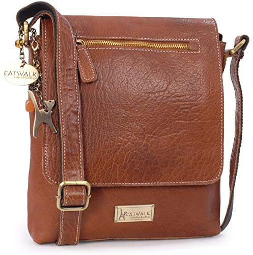 Catwalk Collection Handbags - Bandolera Mediano de Piel - Bolso Cruzado de Mujer - Bolso de Diario para Cuadernos A5 y Tablet - Anja - Anja - Tostado
