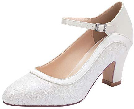 Elegantpark HC1928 Blockasbtz Hochzeit Bequem Hoch Pumps Mary Jane Satin Lace Hochzeitsschuhe Brautschuhe Ivory Gr.39