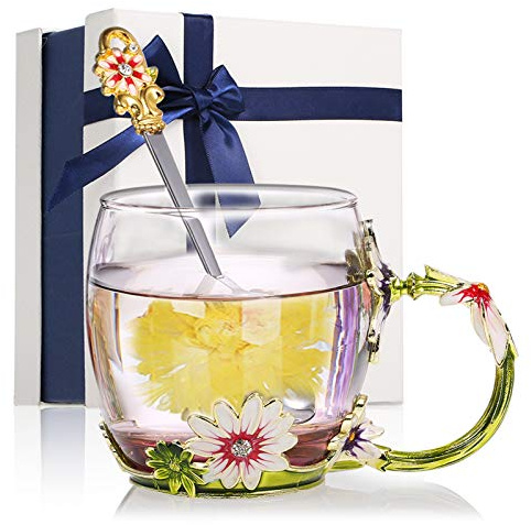 Decdeal Enamel Glass Mug Flower Tea Cup Coffee Mug with Spoon & Cleaning Cloth & Gift Box, Gifts for Mum, Wife, Girl, Teacher on Birthday, Valentine's Day, Mother's Day, Wedding Anniversary, Christmas
