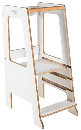 MEOWBABY Lernturm für Kinder Baby Schemel aus Sperrholz Lernstuhl Montessori Küchenhelfer Learning Tower Made in EU Weiß