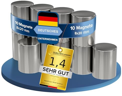 Magneti al neodimio in argento, extra forti, diametro 8 x 20 mm di lunghezza, forti magneti, forza adesiva circa 3,2 kg, magneti per lavagna, bacheca,10 pz