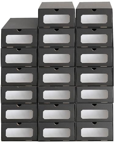 20 x PresentFill® Schubladenbox Aufbewahrungsbox Schuhbox Schuhschachtel Schuhkarton Ordnungsboxen Schwarz transparent Sichfenster stapelbar aus Pappe Karton Schuhaufbewahrung Schuhorganizer