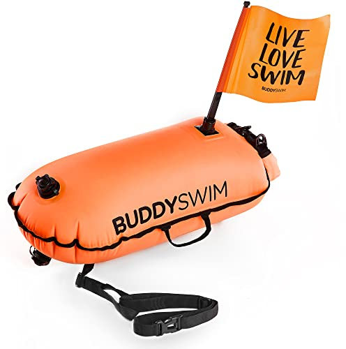BUDDYSWIM Bouée pour Nage en Eau Libre de 28 litres avec Sac Intérieur 100% Étanche Téléphone et Drapeau Amovible pour Plus de Visibilité.Résistante, Légère et Facile à Plier