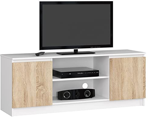 AKORD Fernsehkommode K-140 | EIN offenes Regalfach | 2 Ablagen mit Türen Links und rechts | H55 x B140 x T40 cm | Gewicht 30 kg | Gewicht 40 kg | Farbe Weiß/Sonoma-Eiche
