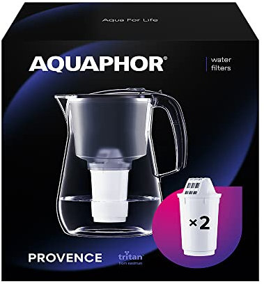AQUAPHOR Wasserfilter Provence Schwarz inkl. 2 A5 Filter mit Magnesium I Karaffe für 4,2l I Großer WasserfiIter in Glasoptik I Reduziert Kalk & Chlor I Tischwasserfilter I Stylischer Behälter