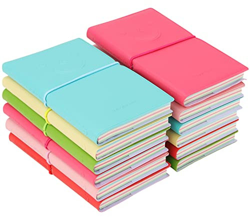 ZEONHEI 12 Stück Mini Smiley Notizbuch, Taschen Notizbücher mit PU-Lederhülle Klein Notizblock Notizbücher für Memo Journal Tagebuch, 13 x 8 cm, 100 Blatt/200 Seiten, 6 Farben