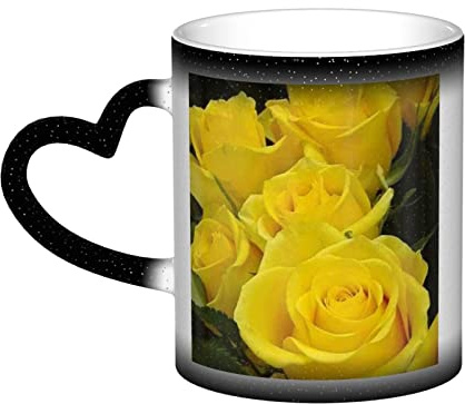 Aseelo Heat Changing Ceramic Mugs Yellow Roses Coffee Cups with Heart-Shaped Handle for Coffee, Drink, Tea, Xmas Party Decoration, Fun Gift