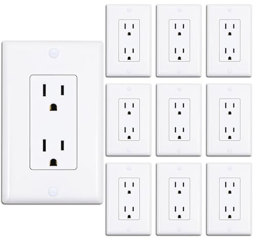 ThunderWay Decorator Lot de 10 prises de courant avec plaque murale, prise électrique non inviolable, 15 A/125 V, mise à la terre, certifiée UL, blanc