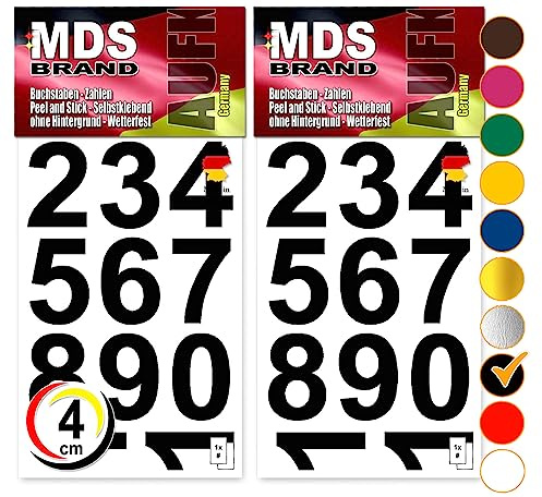 MDS Brand 4cm Zahlen Aufkleber Schwarz | Selbstklebende Klebezahlen | Vinyl Klebeziffer zum Aufkleben für Briefkasten, Büro Ordner, Hausnummer für Außen & Innen Peel (Schwarz)