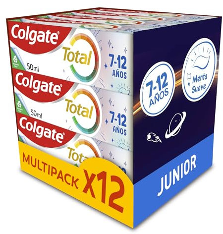 Colgate Total Junior dentifricio per bambini, confezione da 12 pezzi x 50 ml, protezione completa, dentale contenente fluoro, protezione anticarie, ingredienti antibatterici, prodotto riciclabile