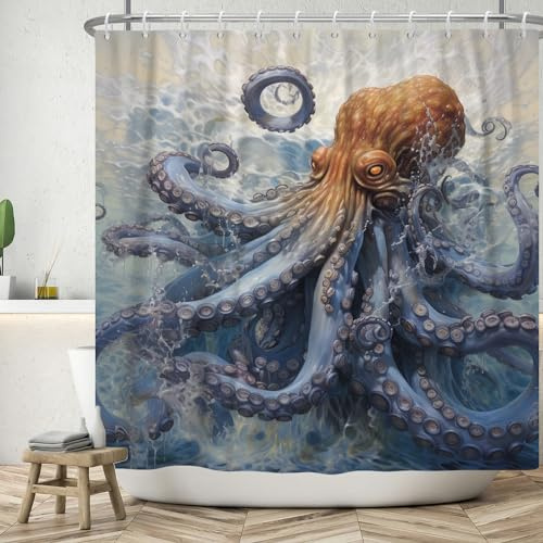 ASDCXZ Duschvorhang 180x200 cm, Handgemalt Benthische Organismen Oktopus Waschbar Bad Duschvorhänge Polyester Textil Wasserdicht Duschvorhang für Badewanne mit 12 Haken