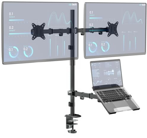 WORLDLIFT Dual Monitor Halterung mit Laptop Ständer für Two 17-32 Zoll LCD LED Bildschirm and 10-15 Zoll Laptop,Extra hoher Verstellbarer Ständer,Max 9kg pro Arm,Vesa 75x75/100x100mm,Schwarz