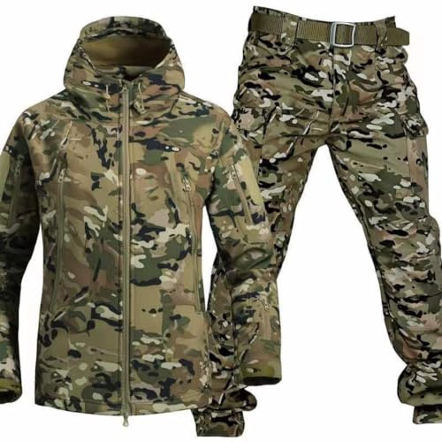Uniforme Militaire pour Homme Camo Veste et Pantalon Ensemble Armée Combat Chasse, Veste Softshell d'hiver Chaude à Capuche pour l'Extérieur, la Randonnée Camo L