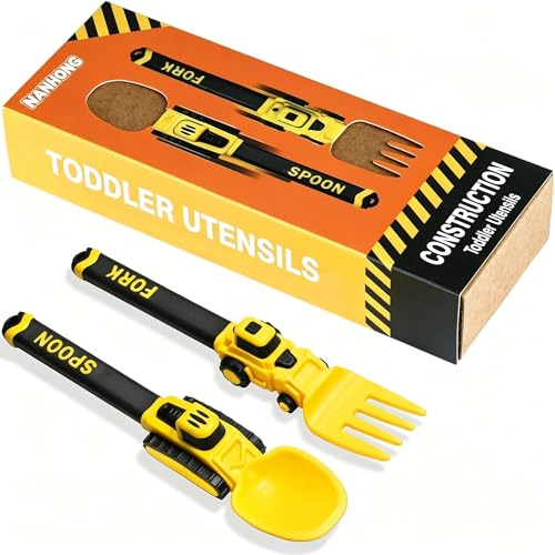 Construction Toddler Cutlery Set - Digger Baby Cutlery Set - Suitable for Kids Forks and Spoon - Portable Forks and Spoon for Kids, Christmas Birthday Gift for 1-5 Year Old Toddlers - Yellow