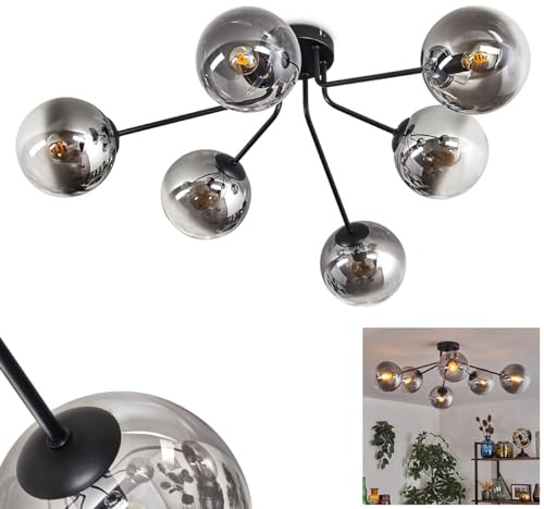 HOFSTEIN Deckenleuchte Gastor, Deckenlampe aus Metall/Glas in Schwarz/Rauch/Klar, moderne Leuchte im Retro/Vintage-Design (Ø Schirme 15 cm), 6 x E14, Schlafzimmer, Wohnzimmer, Küche, Esszimmer