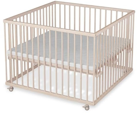 Sämann Laufstall Baby mit Lattenrost und Matratze | stufenlos höhenverstellbar | Laufgitter Premium | Babybett aus Holz | Krabbelgitter (natur, 100x100 cm)