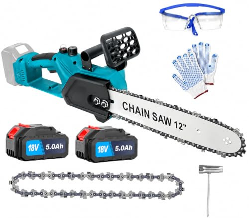 Bürstenloser Akku Kettensäge 12 Zoll, Ersatz für Makita 18V Akku,mit 2 x 5000mAh Akku und 2 Ketten, 18V Elektro Kettensäge Handkettensäge, für Gartenscheren Astschere Holzschneidenz
