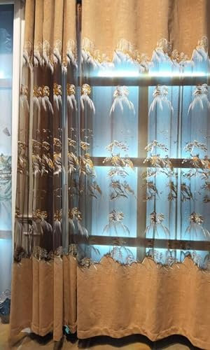 Bishilin Vorhänge Lichtdurchlässig mit Ösen, Gardinen Chenille Braun 2er Set Stickerei Blumen Motiv 107x160CM Vorhänge Halbtransparent Wohnzimmer Schlafzimmer Pavillon