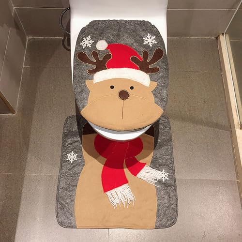 Weihnachts Toilettensitzbezug Weihnachts Dekorationen Toilettensitzbezug Weihnachten Teppich Set Weihnachtsmann Schneemann Elch Toilettenvorleger Set WC Sitz Abdeckung für Badezimmer (Braun)