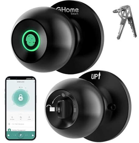GHome Smart Fingerprint Door Lock, 3 in 1 Smart Door Knob with App Control & Key & Keyless Thumbprint Entry, Type-C Port Emergency Charging, Biometric Lock Great for Bedroom, Apartment, Office (Black)