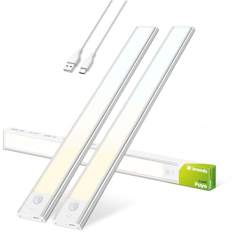 Brendz Lampe LED Rechargeable, LED Cuisine Sous Meuble, 2 x 40cm, USB-C, 2200mAh, 3 Températures de Couleur, Dimmables, Magnétique, Lumiere Cuisine, Puyo Argent