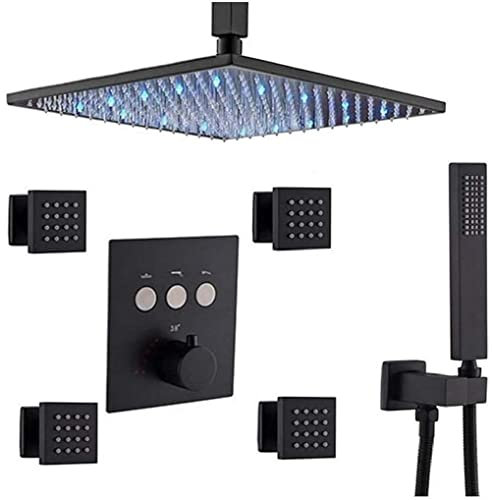 shower set shower system, brass matte black thermostatic shower jets system with 10-12 inch led rain shower head and handheld bathroom ceiling mount shower set,12 inch