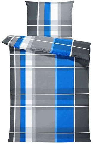 one-home Winter Biber Bettwäsche Baumwolle Kuschelig Flauschig Warm Weich Bettbezüge Modern, Größe:2 teilig 135x200 cm, Farbe:Kariert gestreift blau